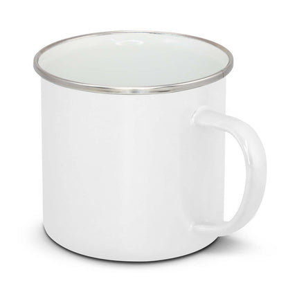 Plain white Bendigo enamel mug with silver-coloured rim and white handle