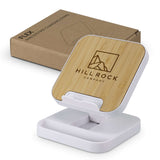 Flex Wireless Fast Charging Stand with bamboo panel and packaging, perfect corporate gift for tech enthusiasts.
