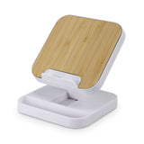 Flex Wireless Fast Charging Stand with natural bamboo panel for stylish, efficient charging.