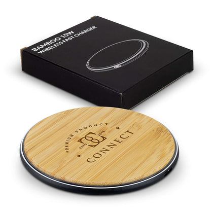 Bamboo 15W Wireless Fast Charger with bamboo pad and black gift box