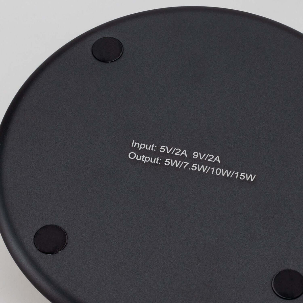 Bamboo 15W Wireless Fast Charger bottom view with input and output specifications