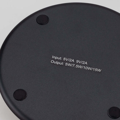 Bamboo 15W Wireless Fast Charger bottom view with input and output specifications