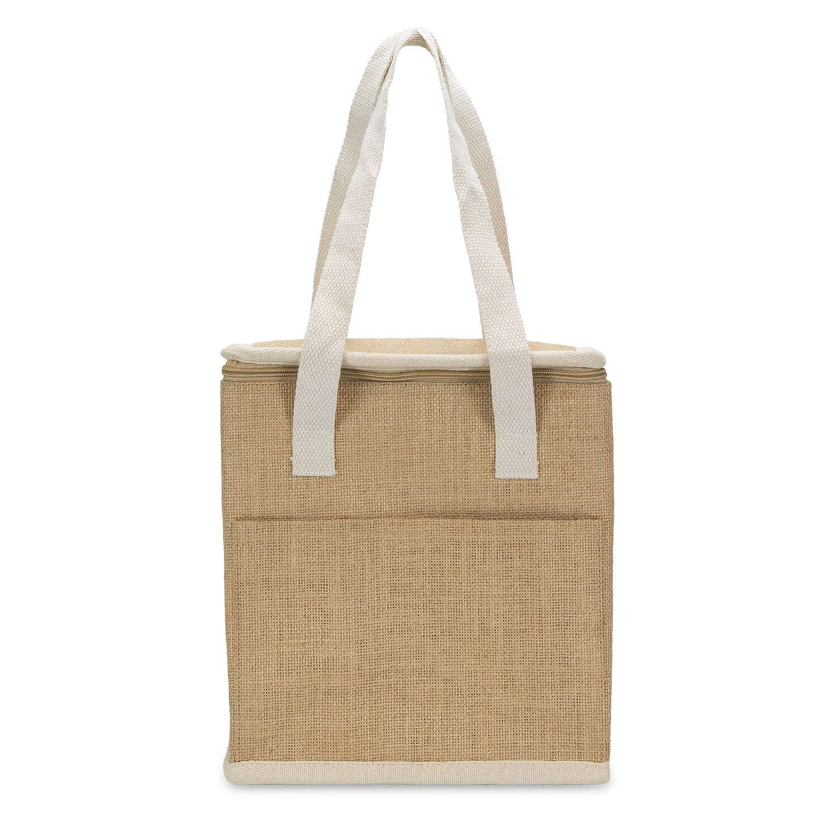 Sabian Lunch Cooler Bag made from jute with cotton handles and front slip pocket for easy transport.