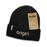 Frontier Ridge Beanie featuring a woven logo and tag, made from 100% recycled polyester, perfect for corporate gifts.