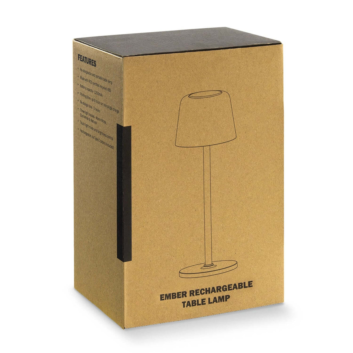 Ember Rechargeable Table Lamp packaging box design showcasing eco-friendly features and sleek style.