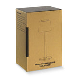 Ember Rechargeable Table Lamp packaging box design showcasing eco-friendly features and sleek style.