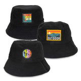 Terry Towelling Bucket Hat with Full Colour Patch featuring outdoor and peace designs.