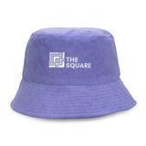 Custom Reversible Twill/Terry Bucket Hat in purple terry fabric with embroidered logo.