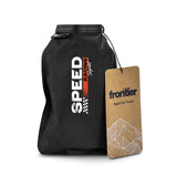 Frontier Rapid Dry Towel in a compact, black roll pouch with hangtag, ideal for hiking and camping.