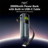 Vention 20000mAh Power Bank 165W with built-in USB-C cable and power indicator for efficient charging.