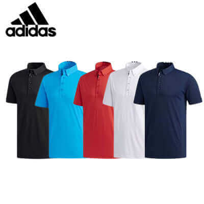 Adidas short-sleeve polo shirts shown in black, blue, red, white and navy