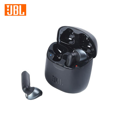 Black JBL Tune 220TWS charging case open with one earbud seated and the other alongside