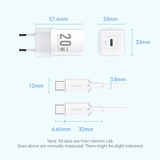 Vention 1-Port USB-C GaN Charger 20W with Cable 1M dimensions and design specifications.