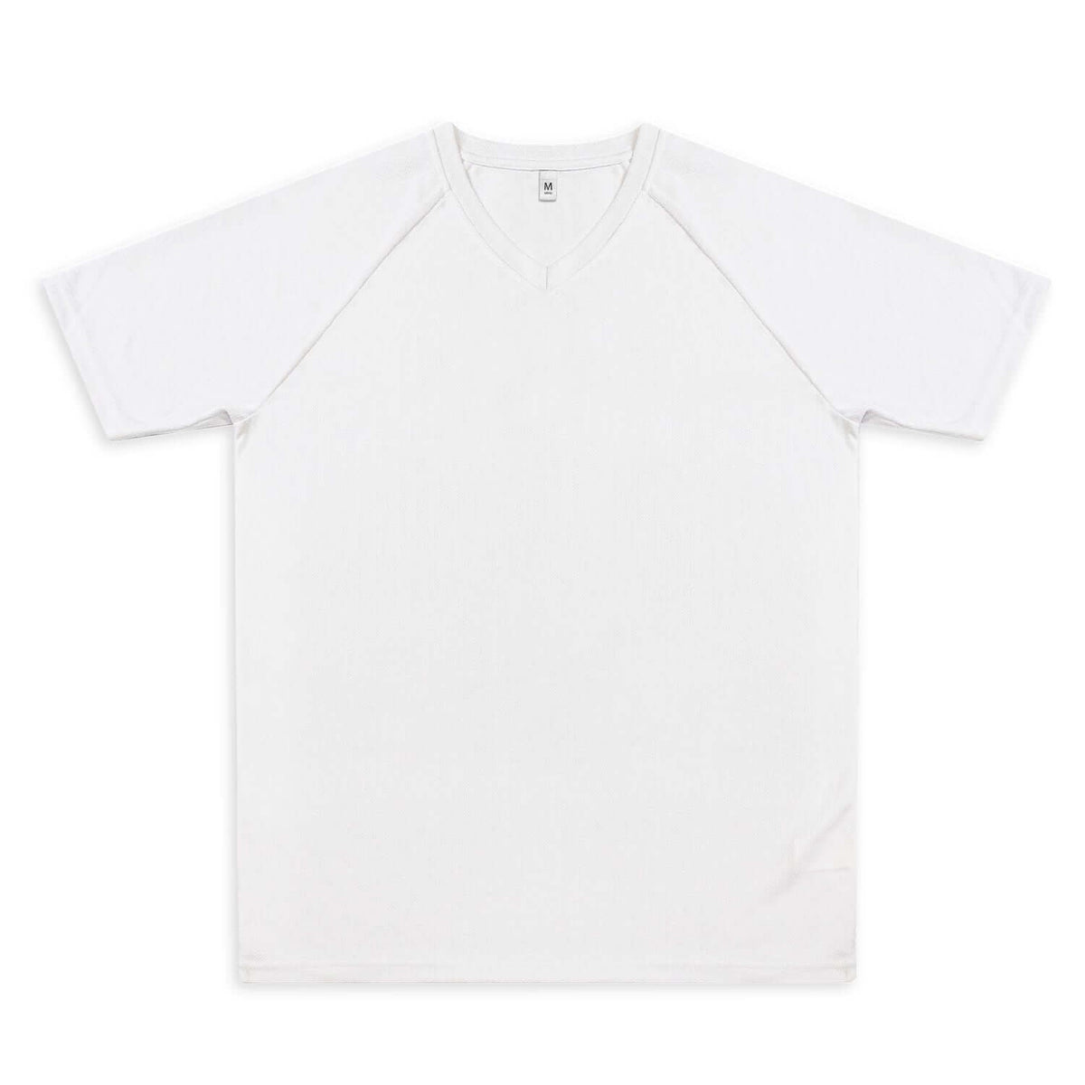 Custom Active V-Neck T-Shirt in white, featuring V-neck and raglan sleeves, perfect for corporate gifts.
