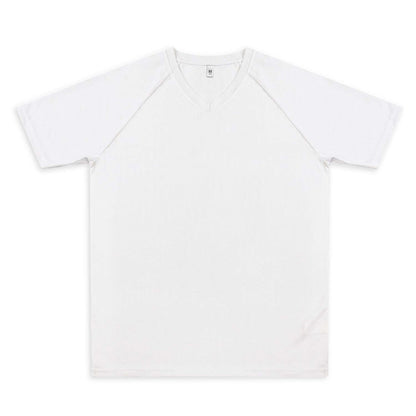 Custom Active V-Neck T-Shirt in white, featuring V-neck and raglan sleeves, perfect for corporate gifts.