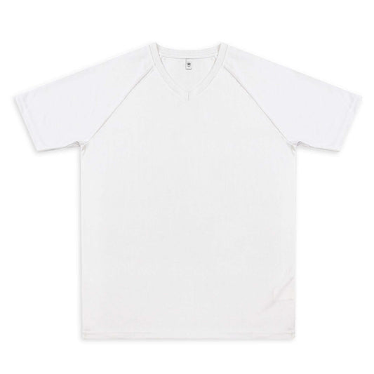 Custom Active V-Neck T-Shirt in white, featuring V-neck and raglan sleeves, perfect for corporate gifts.