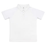 Custom Active Polo in white with raglan sleeves and three-button placket, perfect for corporate gifts.