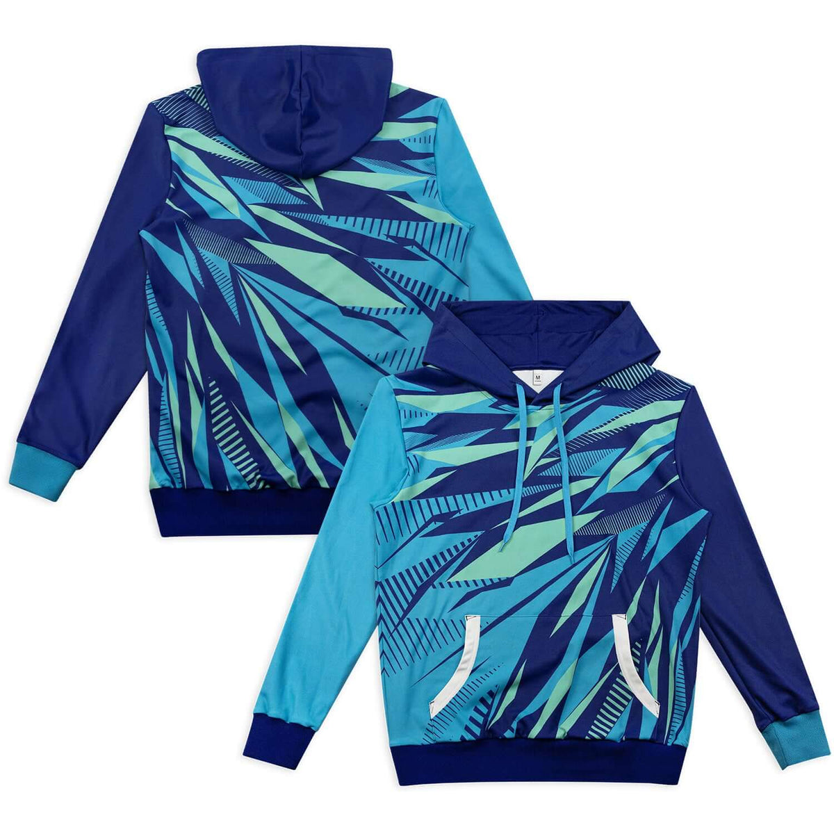 Custom Active Hoodie with vibrant blue-green geometric design, ideal for corporate gifts and activewear.