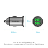 Vention Car Charger 18W design showing dual USB ports for quick charging on-the-go.