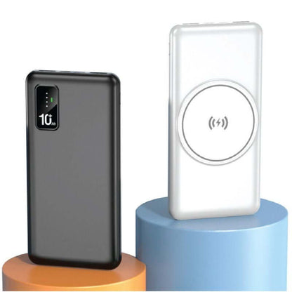 Black and white WirelessPower powerbank examples, with a status panel on the black unit and a circular wireless charging area on the white unit