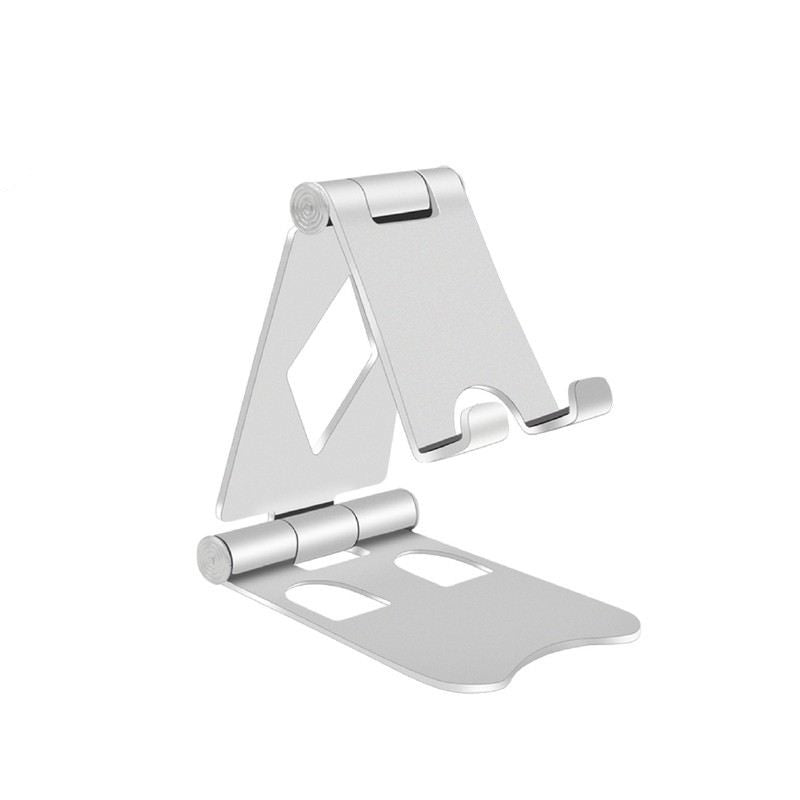 Silver-coloured foldable aluminium mobile stand opened to show its hinged support and phone ledge