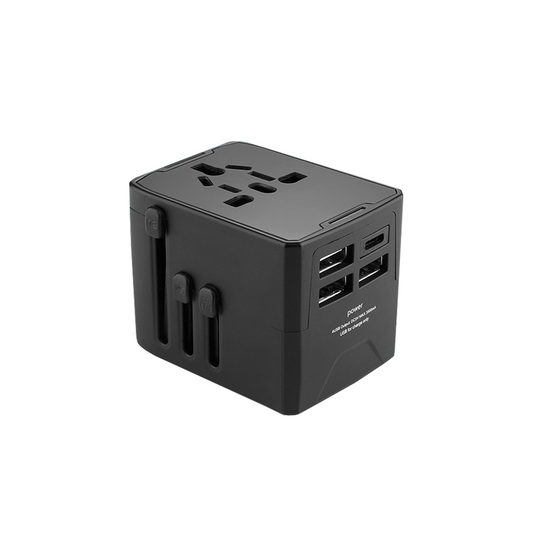 Black travel adaptor with top socket, sliding plug selectors, USB-A ports and USB-C port