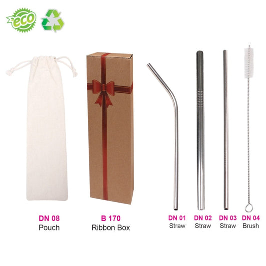 Eco Friendly Eco Stainless Steel Straw Set with Canvas Pouch ( 4 in 1 ) Executive Corporate Gifts Singapore