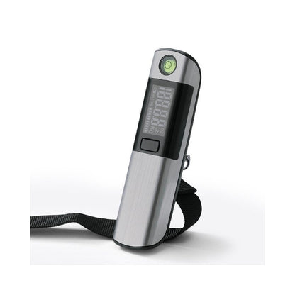 Silver and black handheld digital luggage scale with a display, two buttons and an attached black luggage strap