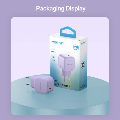 Vention Single Port USB-C Wall Charger 20W packaging display with compact design and Power Delivery technology.