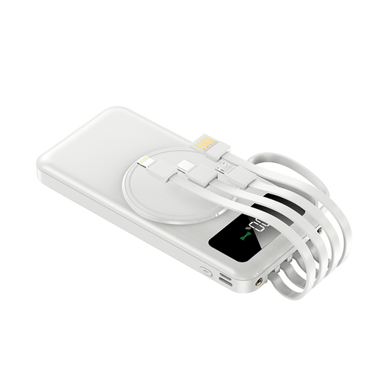 10000mAh Powerbank with Detachable Cables and Wireless Charging on a white background with cables attached.