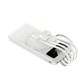 10000mAh Powerbank with Detachable Cables and Wireless Charging on a white background with cables attached.