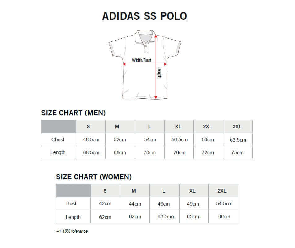 Size chart for Adidas M SS Polo-T Shirt showcasing measurements for men and women styles.