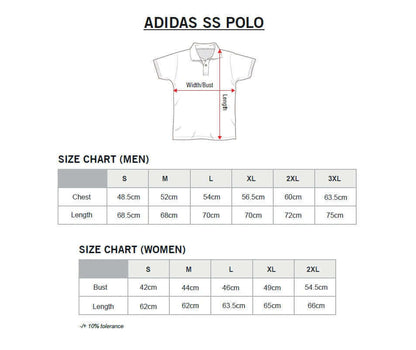 Size chart for Adidas M SS Polo-T Shirt showcasing measurements for men and women styles.