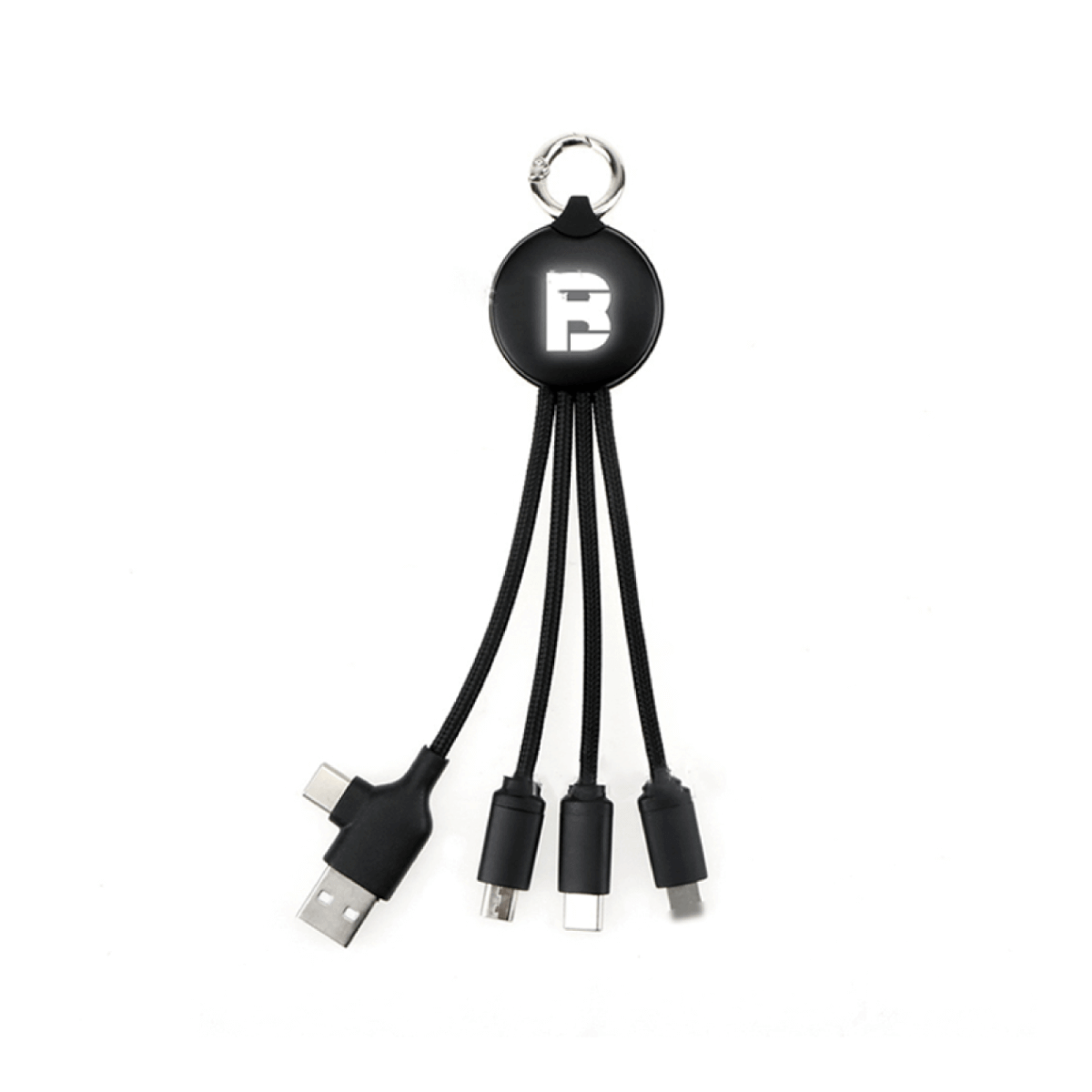 Black round charging cable with keyring, USB-A and USB-C input choices and three output connectors