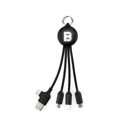 Black round charging cable with keyring, USB-A and USB-C input choices and three output connectors