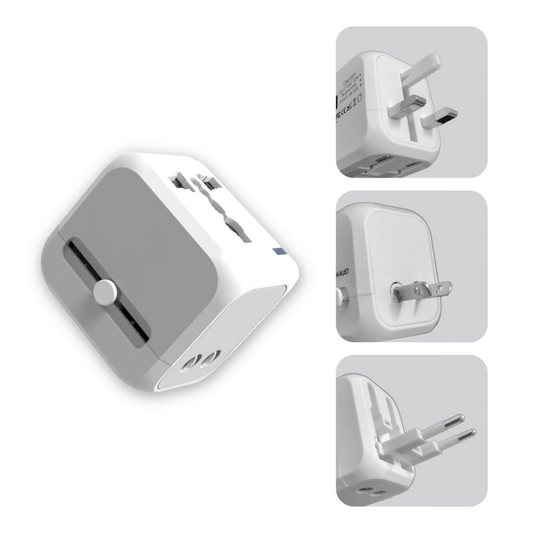White three-port world travel adaptor collage showing side selector and UK, US and EU plug configurations