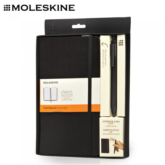 Moleskine black hard-cover notebook and matching pen in a notebook-and-pen retail pack