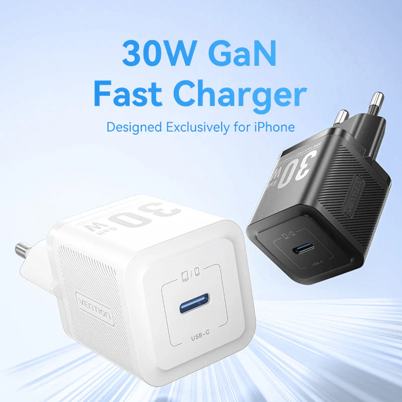 Vention 1-Port USB-C GaN Charger 30W in white and black, designed for fast charging of devices.