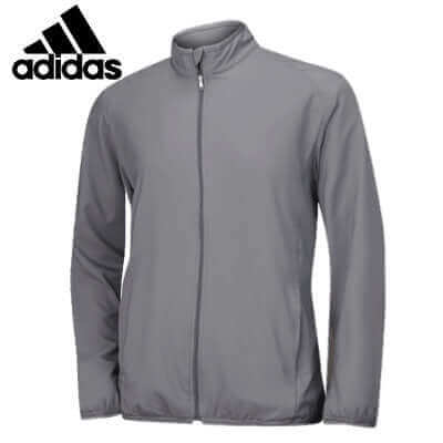 Grey adidas long-sleeve golf jacket front view with full zip and stand collar