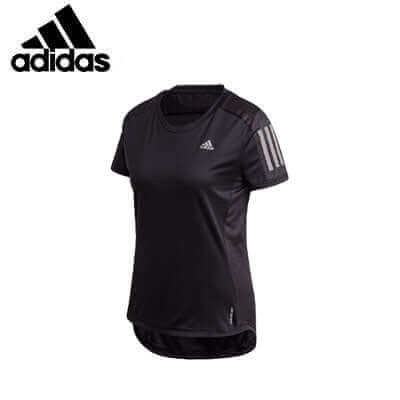 Angled front view of the black adidas Own The Run Breathable T-Shirt showing chest logo and sleeve stripes