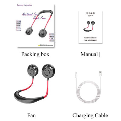 Neck fan packing example showing fan, charging cable, instruction manual and retail box