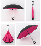 24'' Double Layer Inverted Umbrella in black and pink showcased from various angles, ideal as a Corporate Gift.