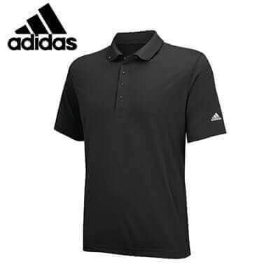 Black adidas Men Comfort Golf Polo Tee, front view showing button placket and sleeve logo
