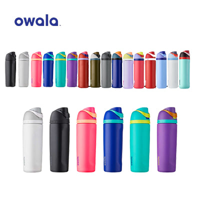 Owala FreeSip stainless steel bottles in multiple colourways with closed flip lids and carry loops