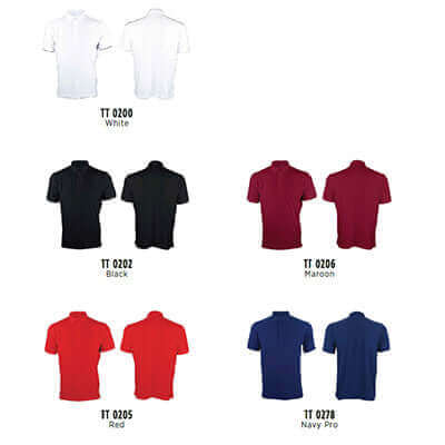 Premium pique polo shirts pictured front and back in white, black, maroon, red and navy