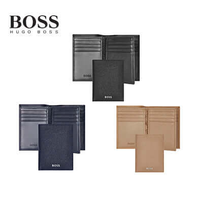 Hugo Boss Card holder Trifold Classic Grained in black, navy, and camel - perfect corporate gift.