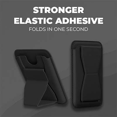 Black phone stand and card holder shown folded flat and opened into a stand