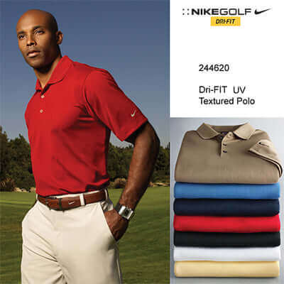 Nike 244620 textured polo shown in red on a model, with folded colour options and left-sleeve Swoosh