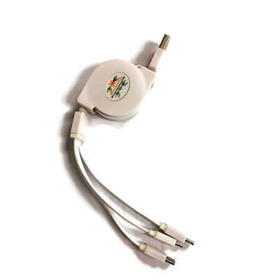 White retractable charging cable with three device connector leads grouped below the housing