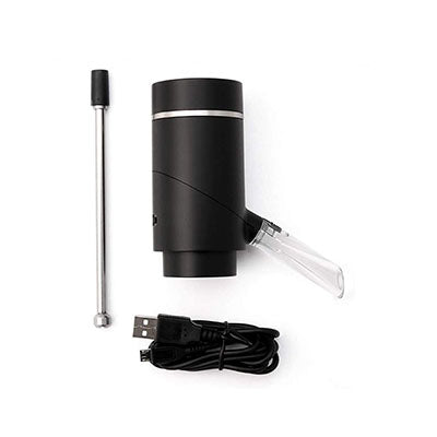 Wine dispenser body pictured with separate metal pickup tube and USB charging cable